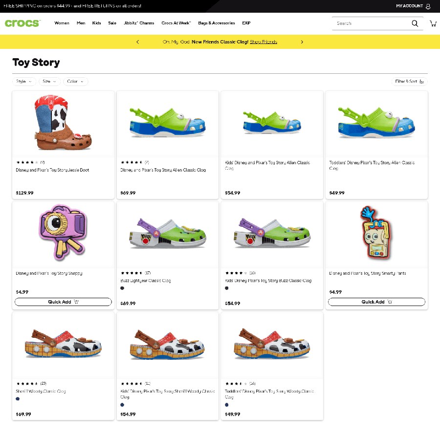 crocs.com Toy Story collection page with Alien and Buzz clogs