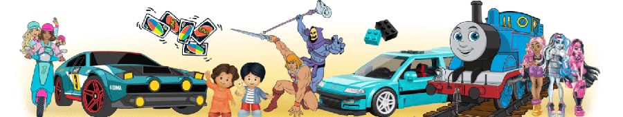 Mattel brand characters: Barbie, Hot Wheels, UNO, Masters of the Universe, MEGA, Thomas and Friends, Monster High